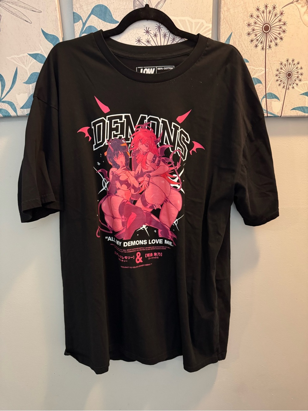 Black 'Demons' Graphic Tee with Pink Anime Art Brand New Size XXXL